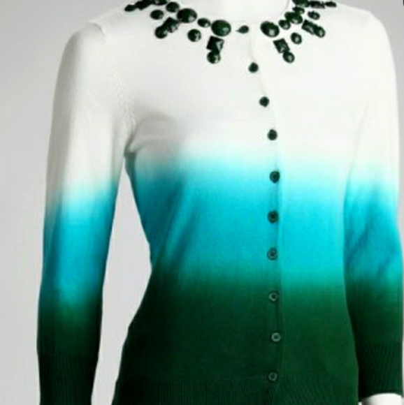 WD.NY Sweaters - White & Teal Embellished Dip-Dye Cardigan